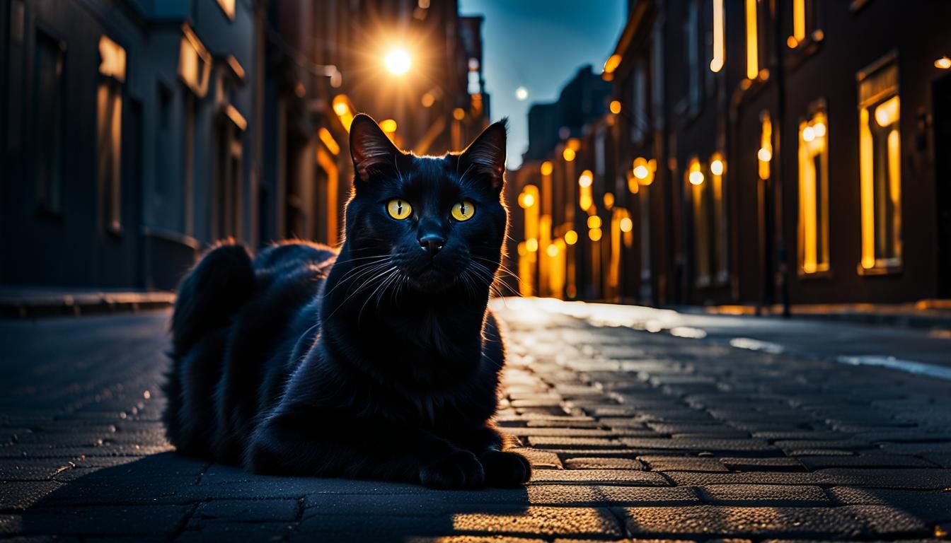 Majestic Black Cat Under Moonlight in Hyperrealistic Style