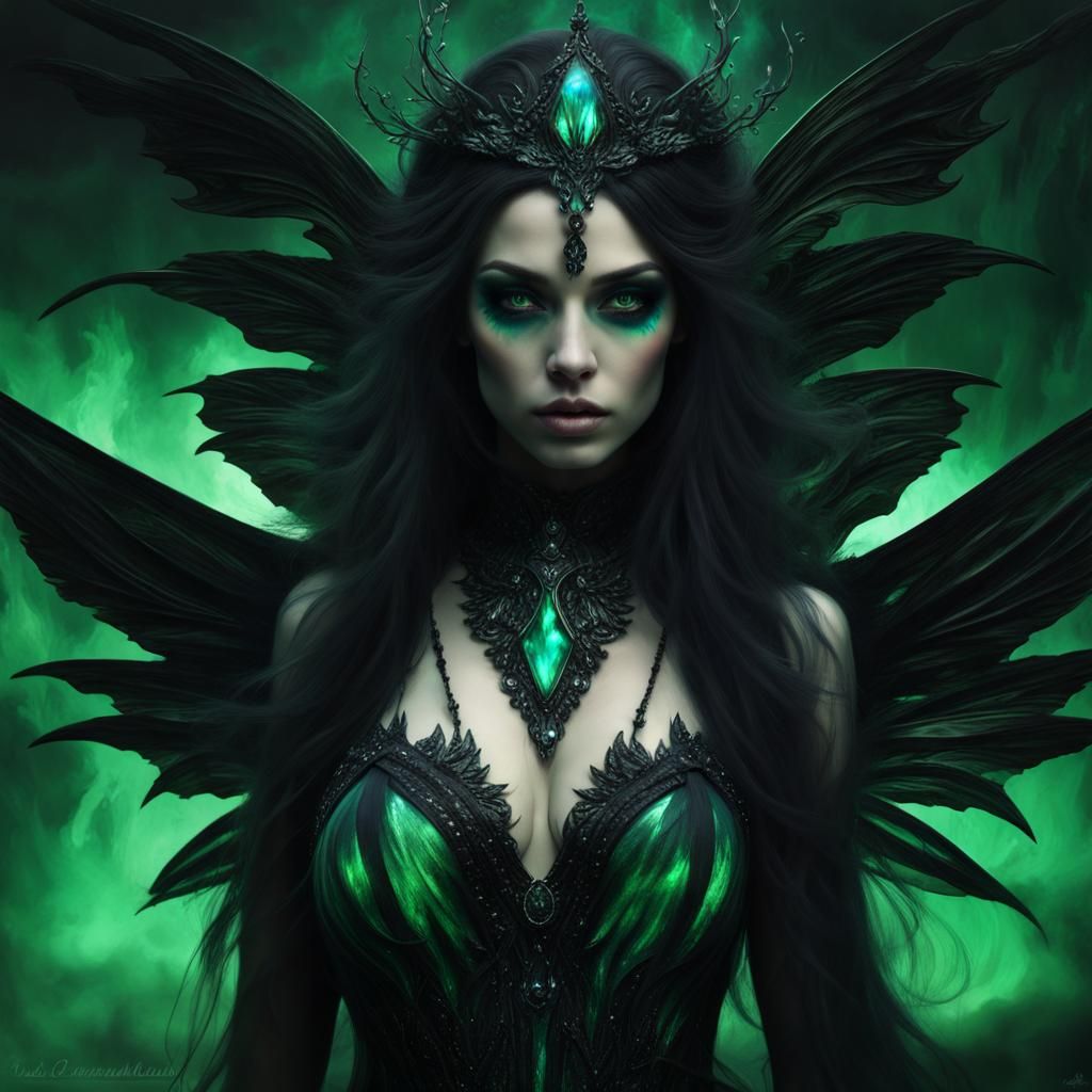 Cursed Crystal Fairy with Emerald Wings in Surreal Art