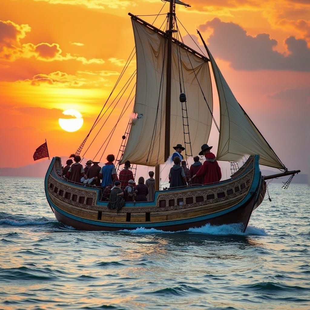 Medieval Ship Sailing at Sunset