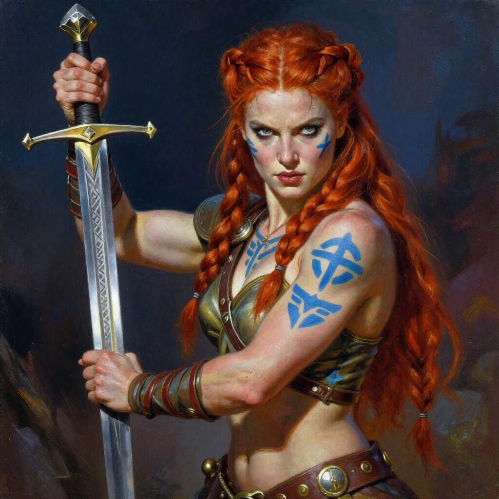 Celtic Warrior Woman with Sword and Warpaint