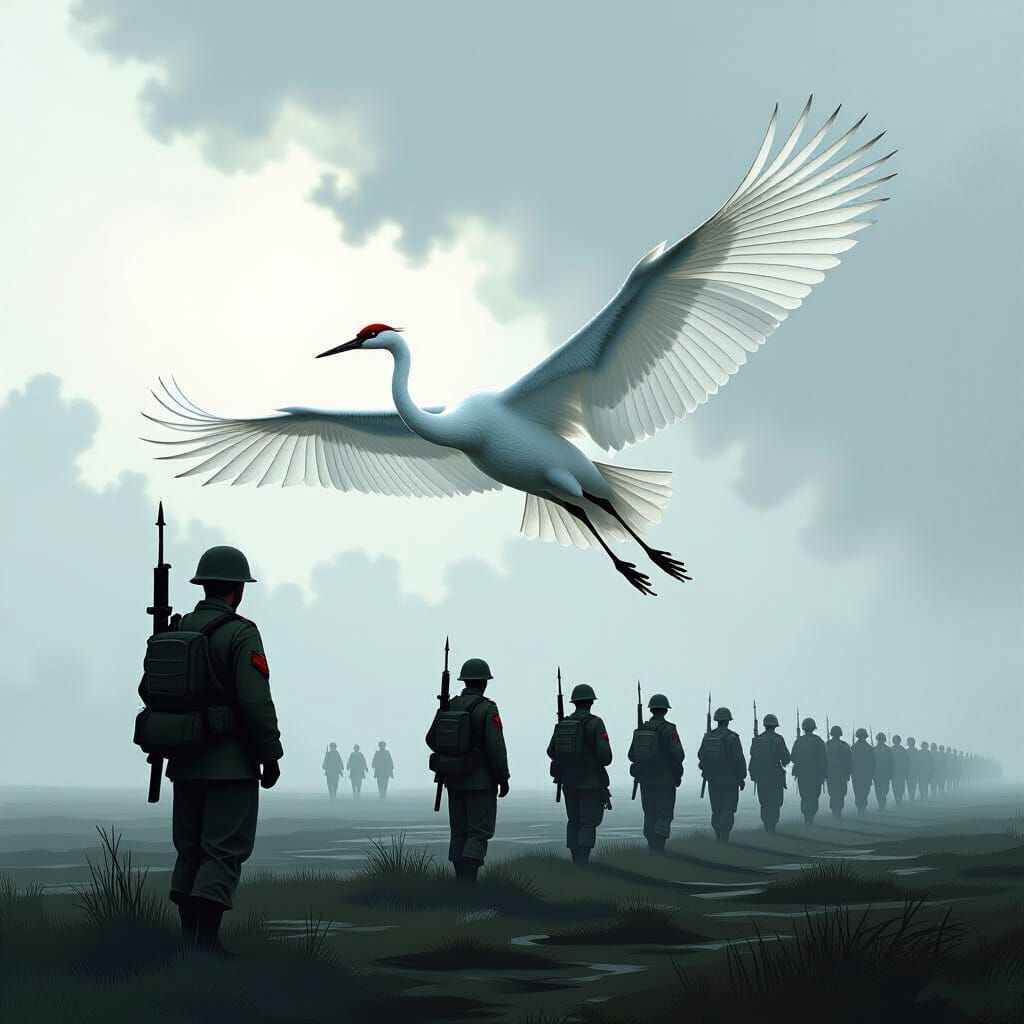 Soldier Becomes White Crane in Misty Sky