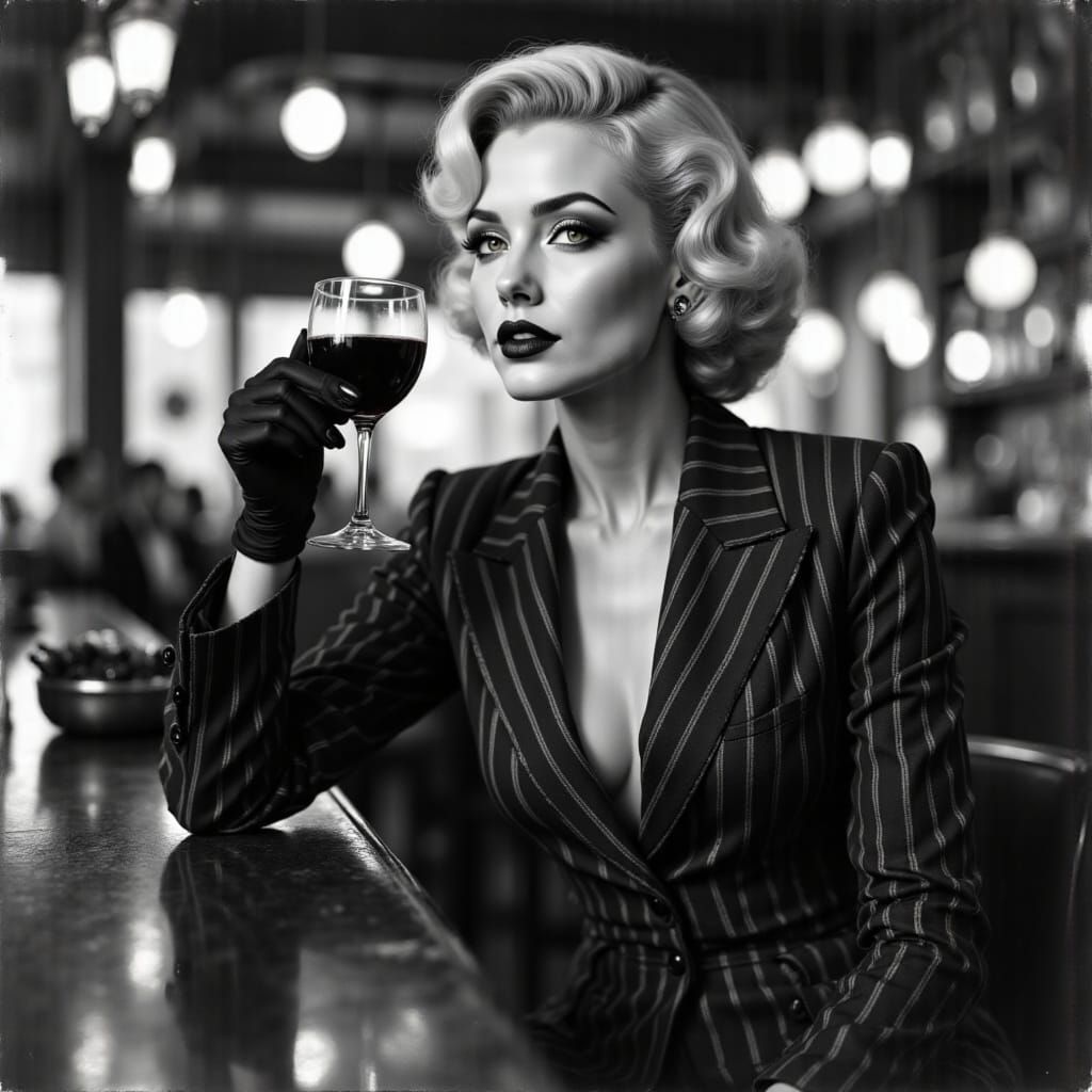 Golden Age Hollywood Woman Enjoys Wine at Bar