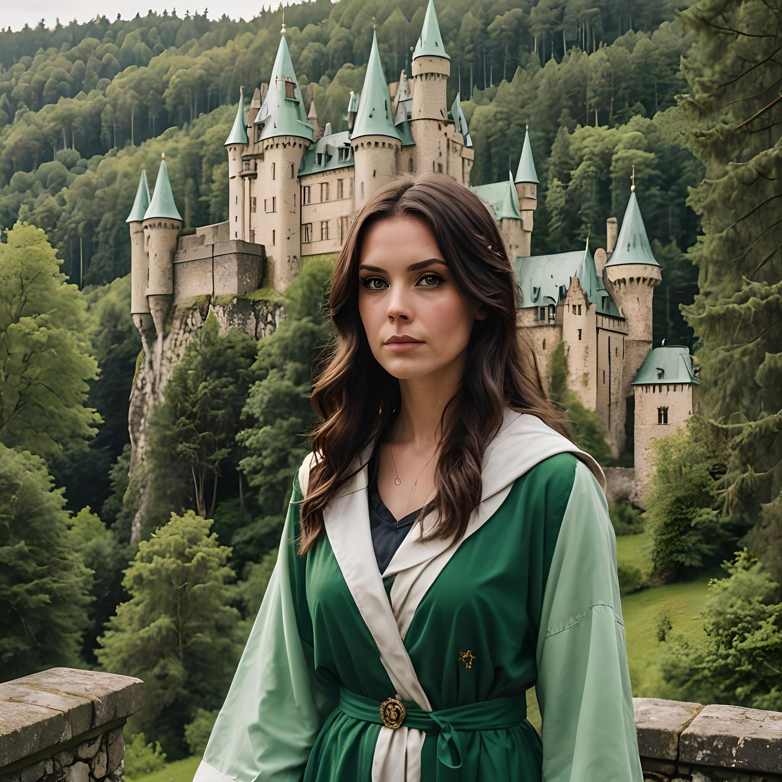 Green Eyed Brunette in Magic School Robes