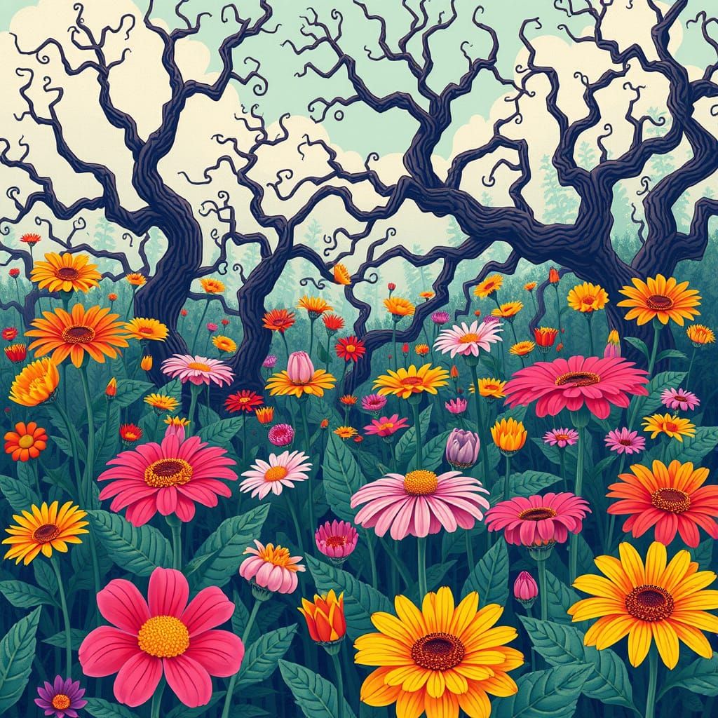 Surreal Garden with Smiling Flowers and Eerie Trees