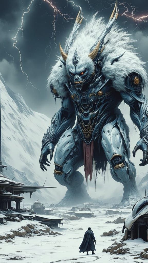 Colossal Cybernetic Beast God in Snowy Mountain Landscape