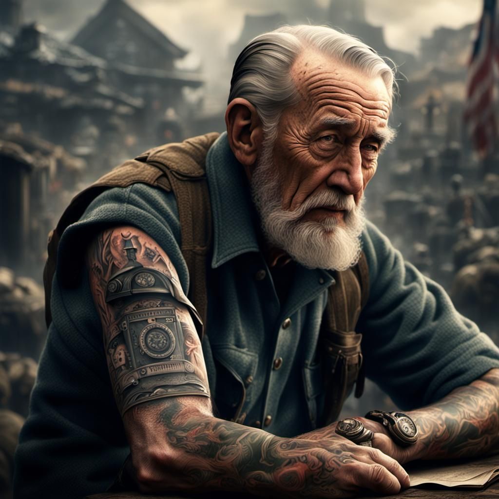 WWII Veteran Displays Tattoos in Digital Matte Painting