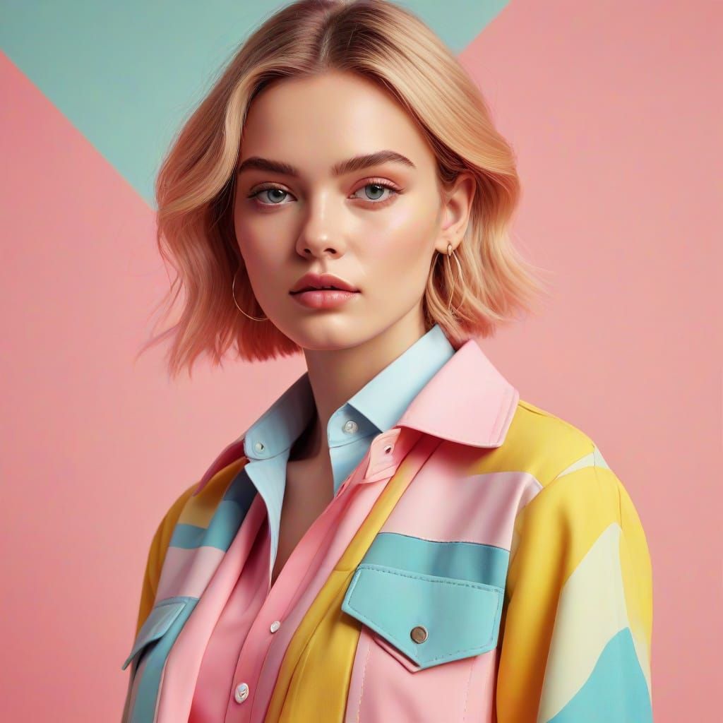 Trendy Model in Vibrant Pastel Fashion Illustration