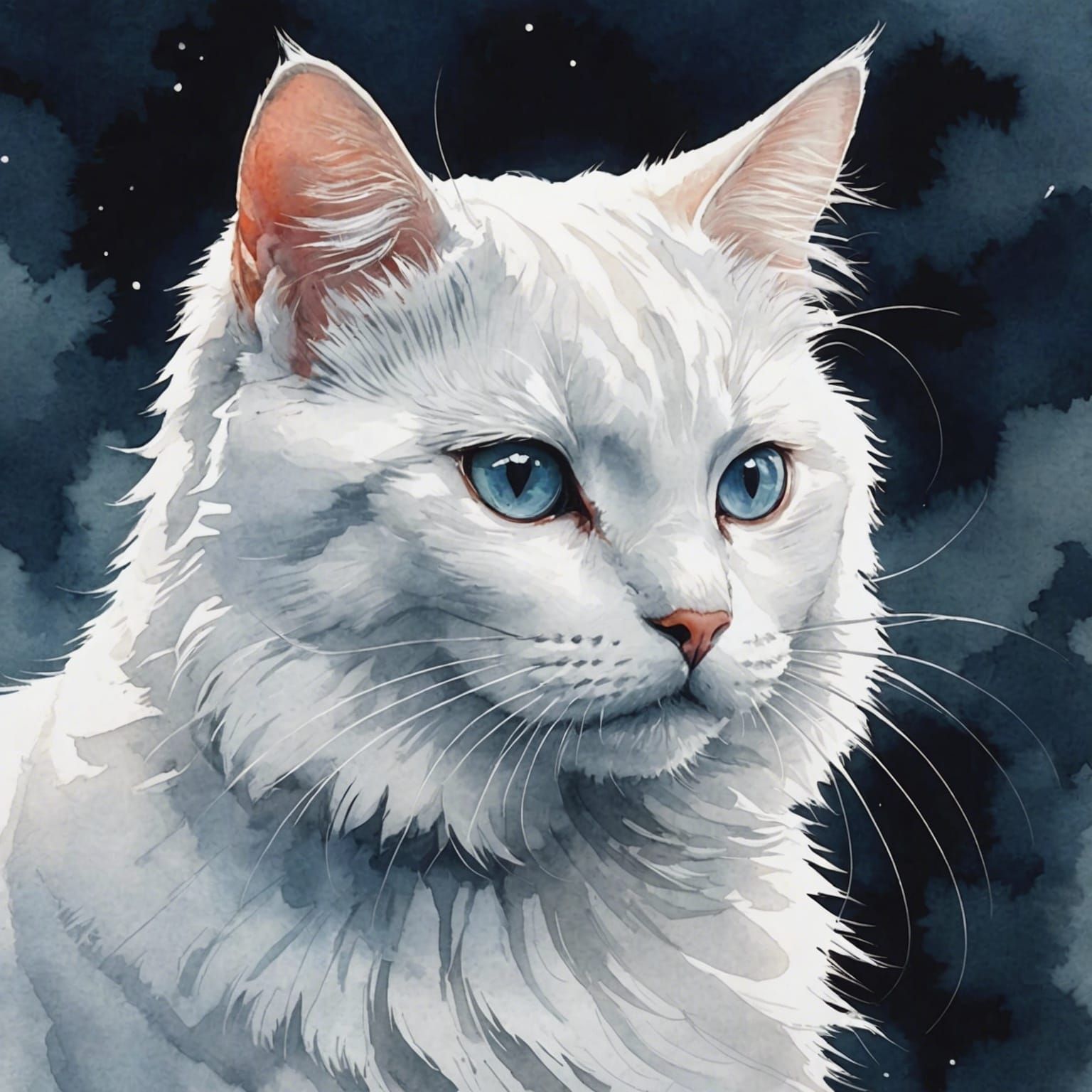 Watercolor White Cat Anime Style