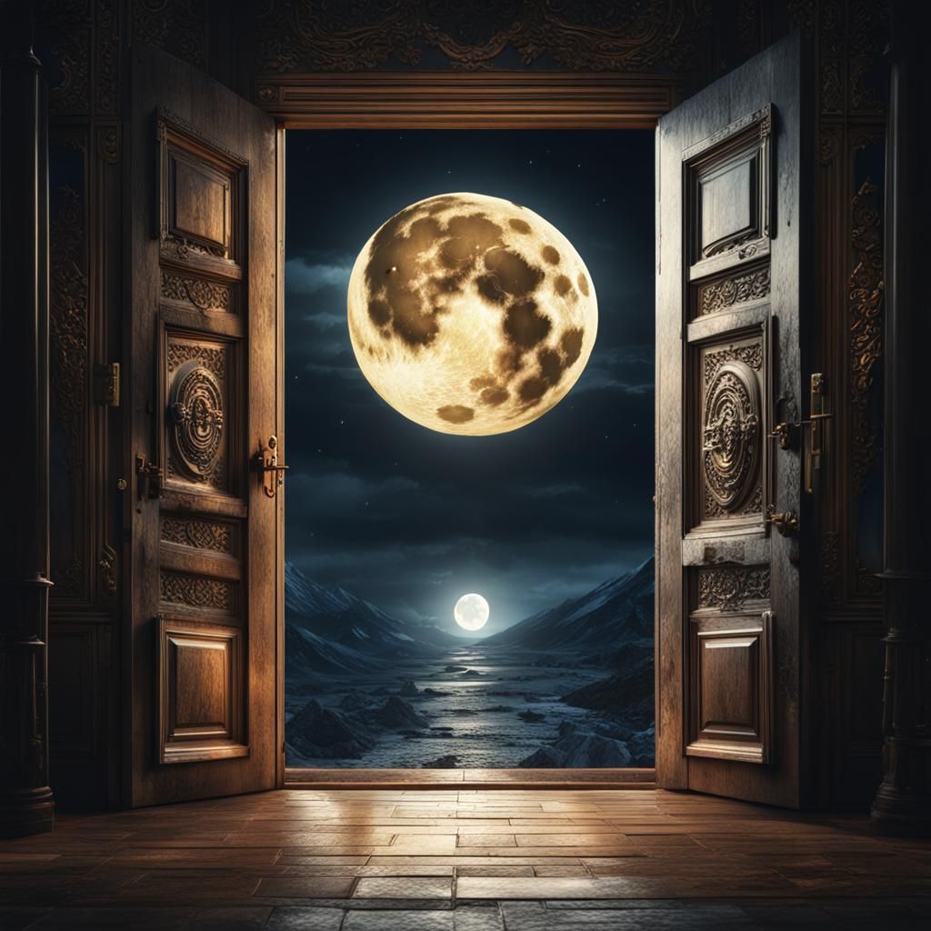 Epic Full Moon Behind Open Doors