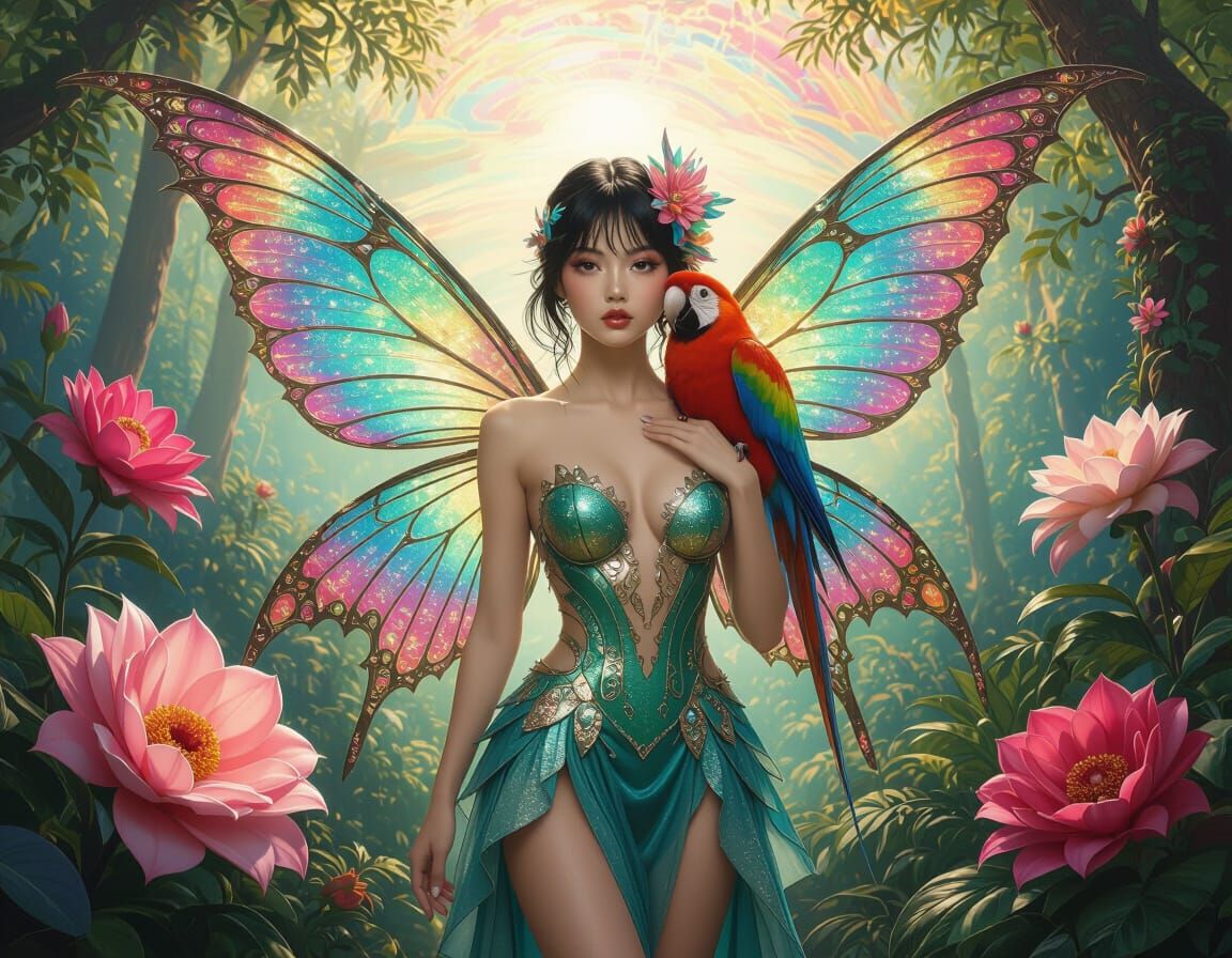Fairy in Enchanted Forest with Parrot, Photorealistic Style