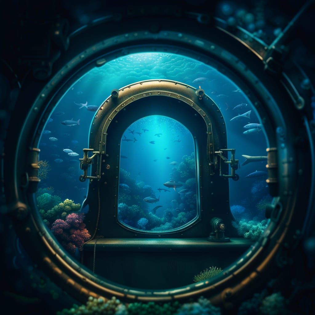 surreal under ocean viewed through submarine portal window  Epic cinematic brilliant stunning intricate meticulously det...