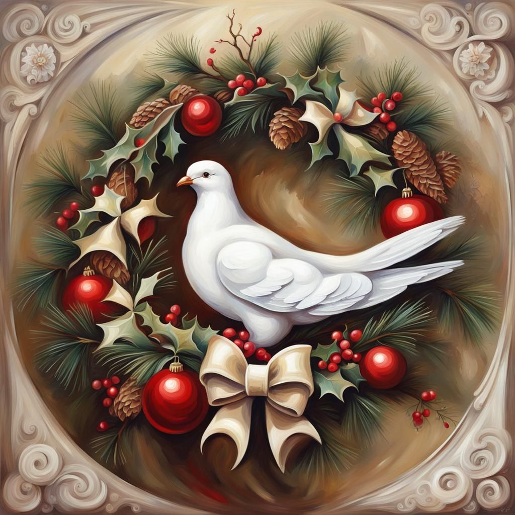 Vintage Christmas Dove Oil Painting