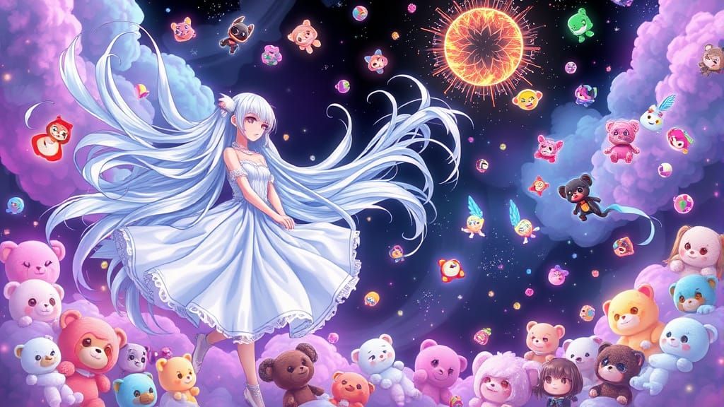 Anime Girls Playing with Plushies in Dreamlike Landscape