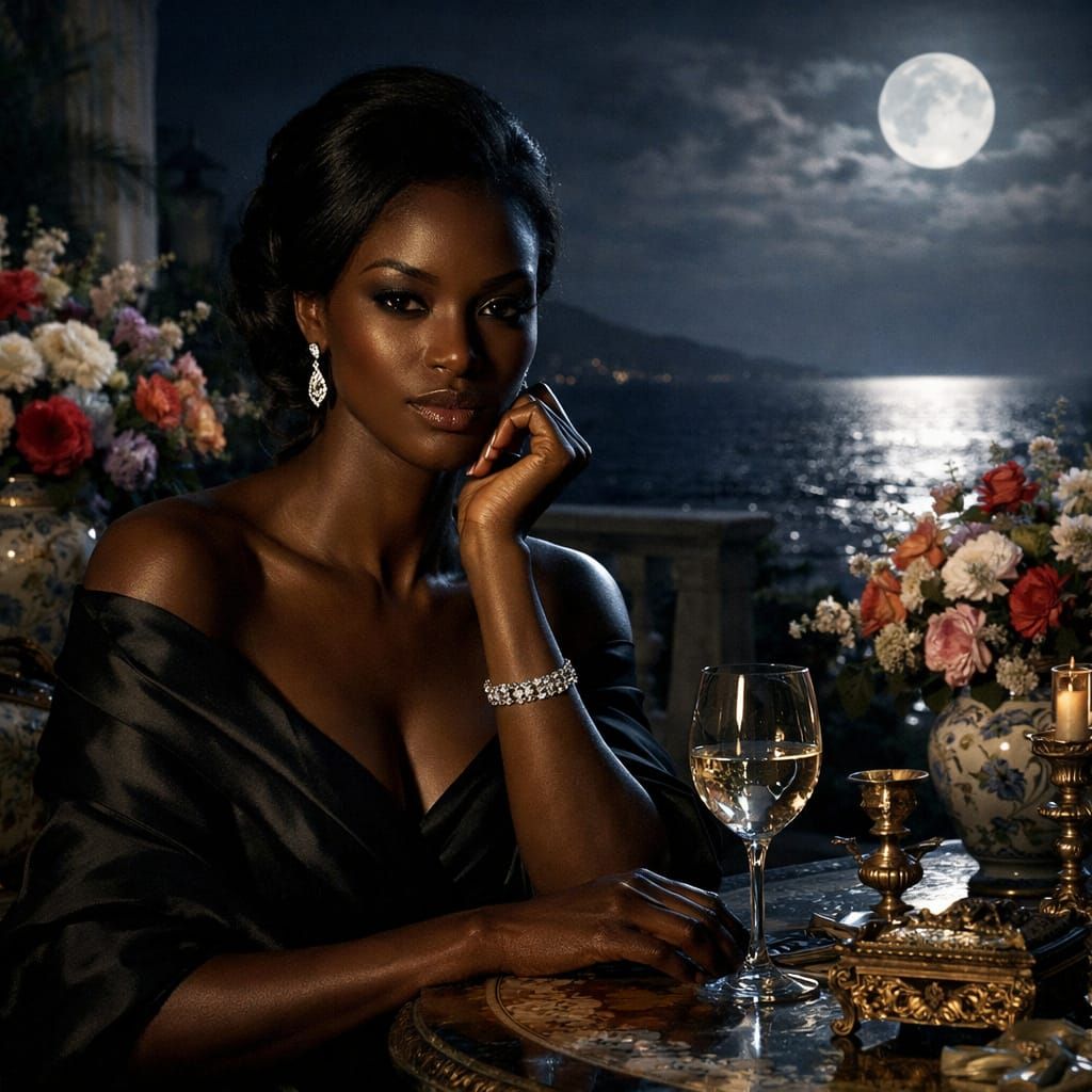 Chiaroscuro Portrait of Elegant Woman Under Moonlight