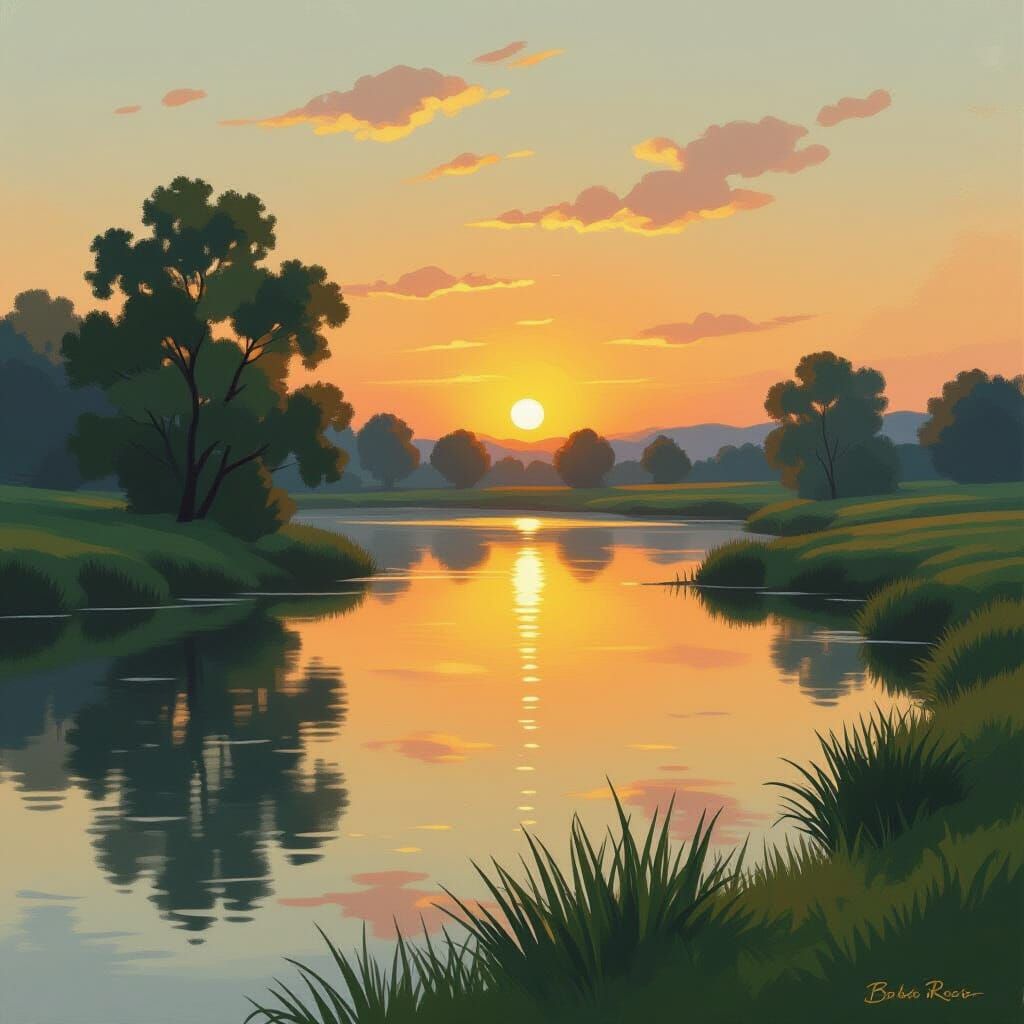 Golden Lit Watered Landscape in Impressionistic Style