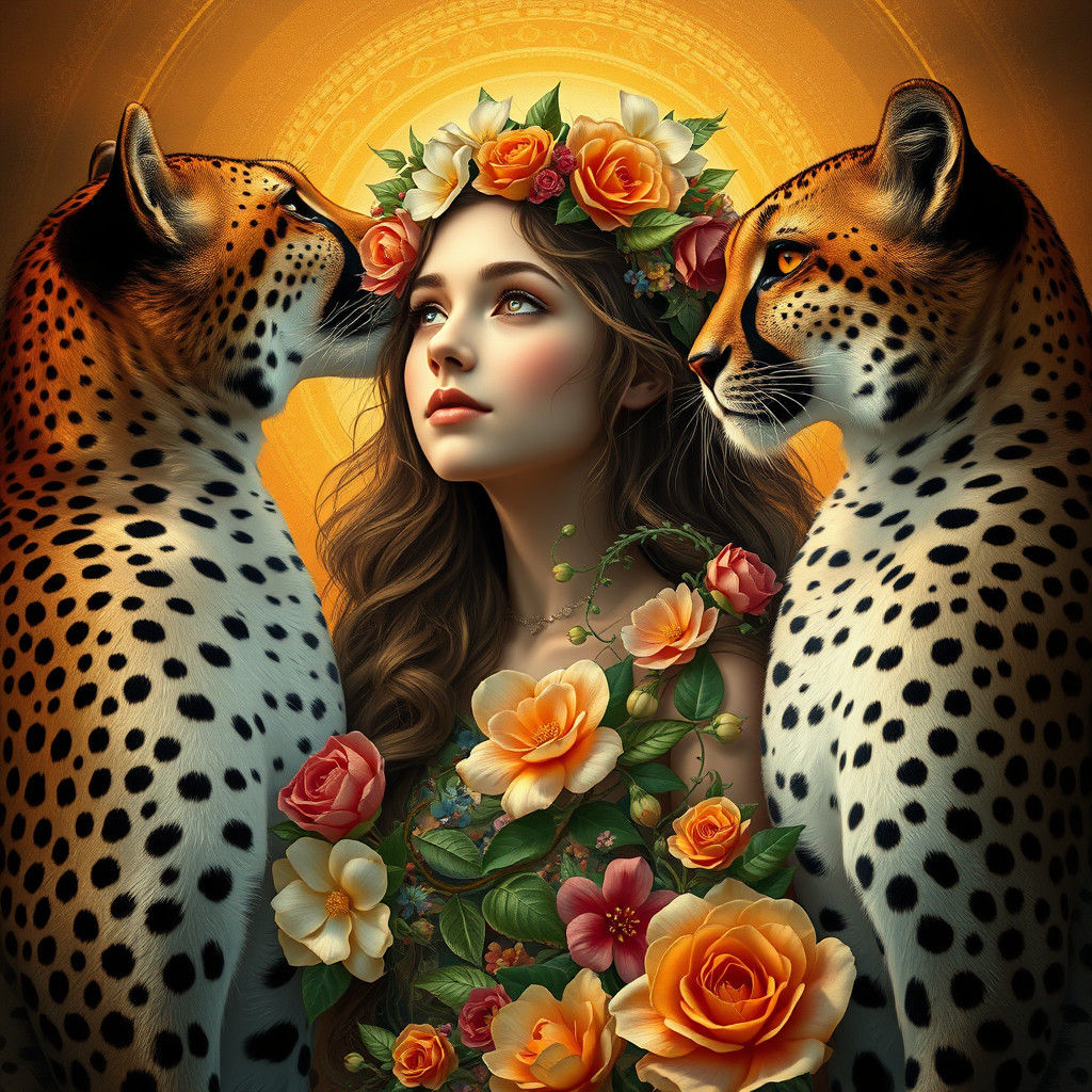 Mystical Flower Girl with Cheetahs in Art Nouveau Style