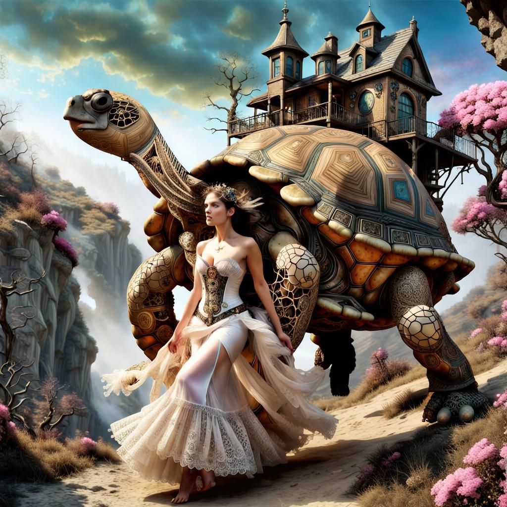 Steampunk Tortoise with House Howdah at Sunset