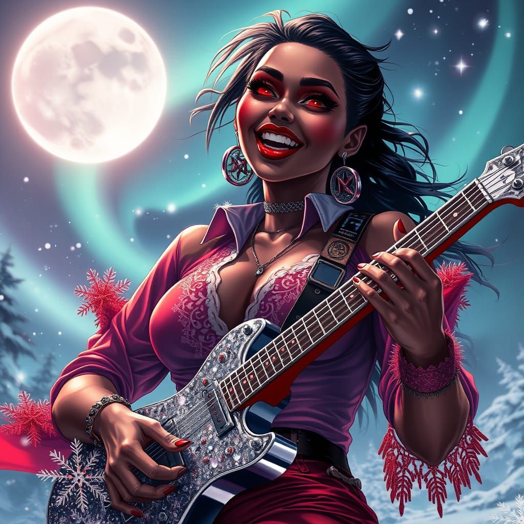 Seductive Gothic Vampire Shreds on Icicle Guitar under Auror...