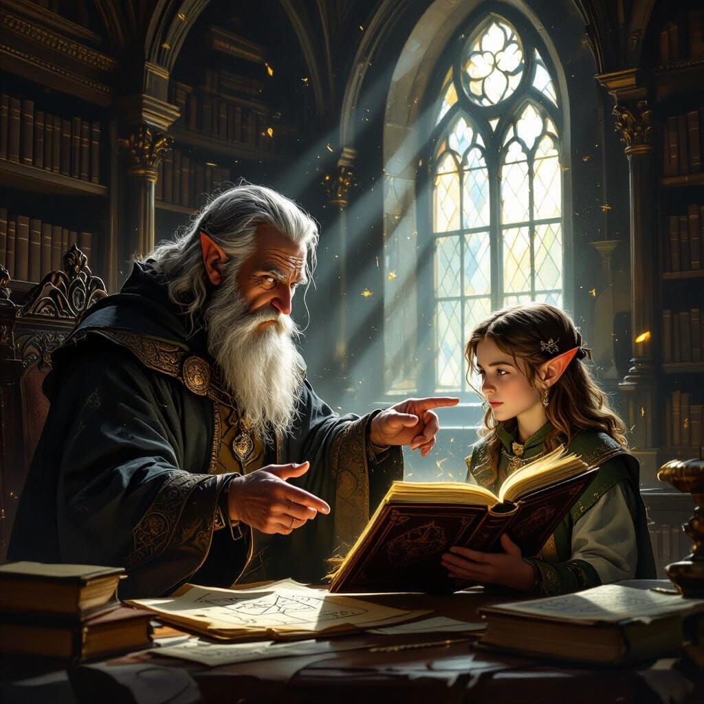 Warlock Shares Forbidden Tome with Elf in Ancient Library