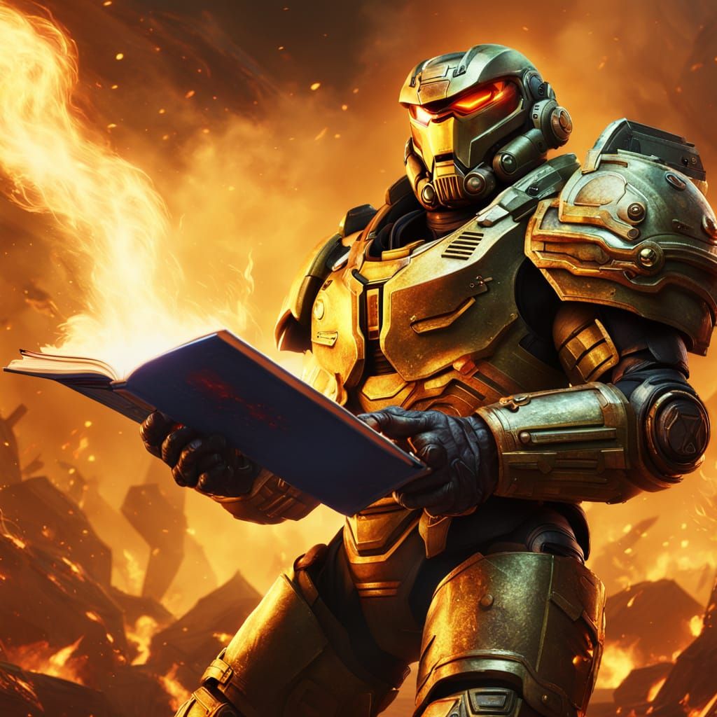 Doomguy Reading a Book in Golden Light