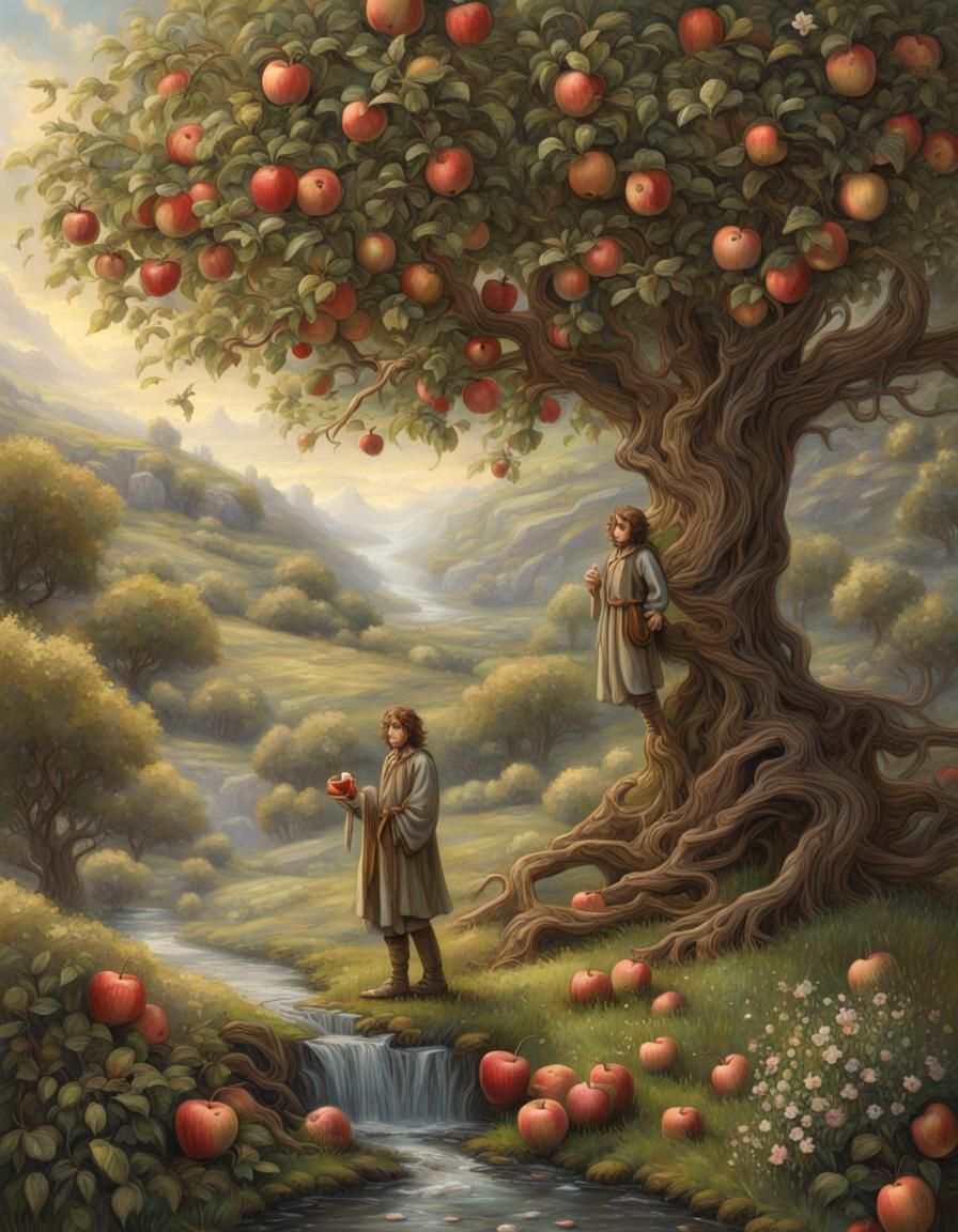 Hobbit by Apple Tree in Middle-earth