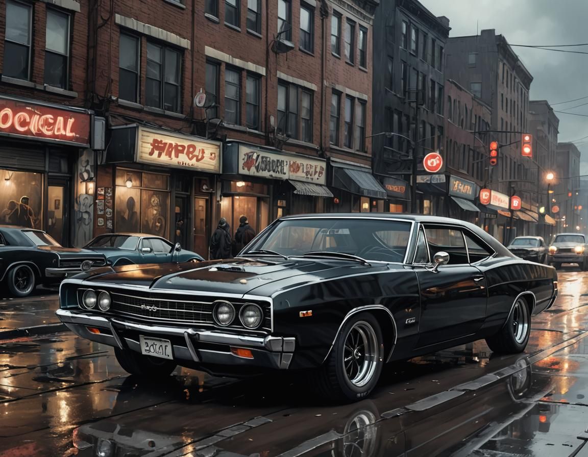 Custom Muscle Car in Detroit, Anime Cel-Shaded Style