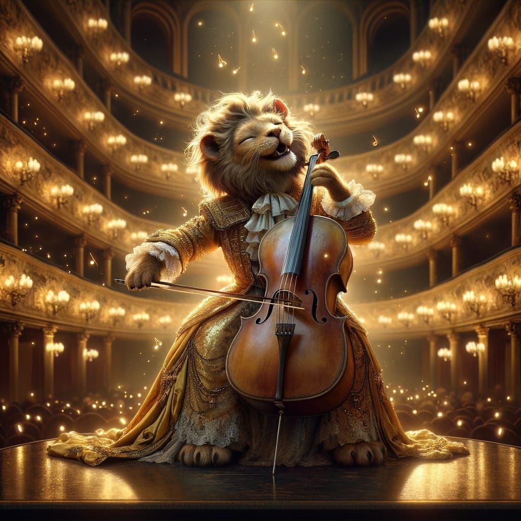 Lion Cellist at the Opera in Painterly Style