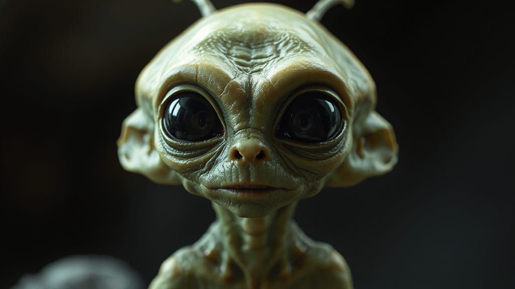 Green Alien Concept Art with Big Black Eyes