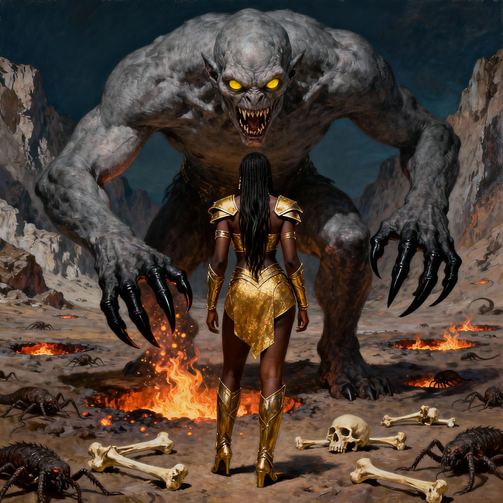 Warrior Goddess Battles Ghastly Monster in Wasteland