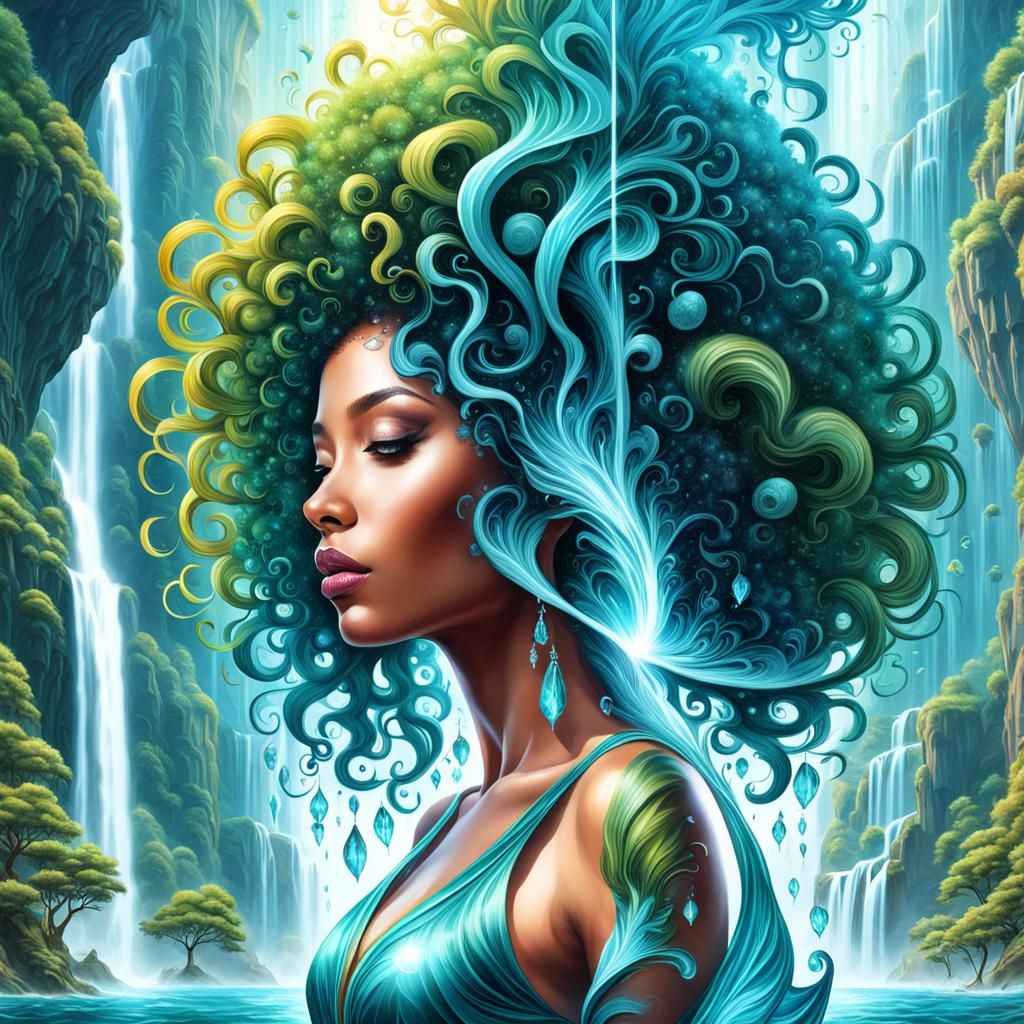 Teal Afro Woman with Waterfalls, Digital Art