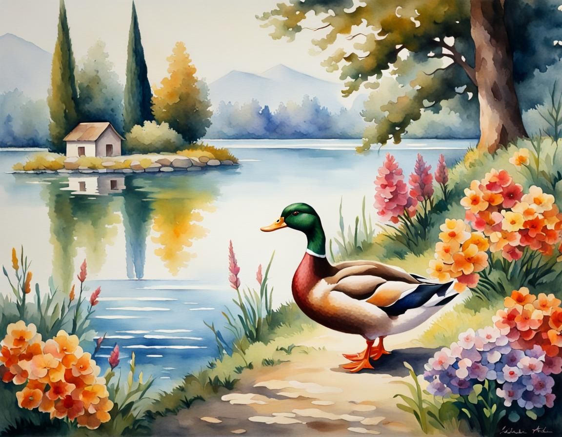 Duck with Flowers: Watercolor Painting by the Lake
