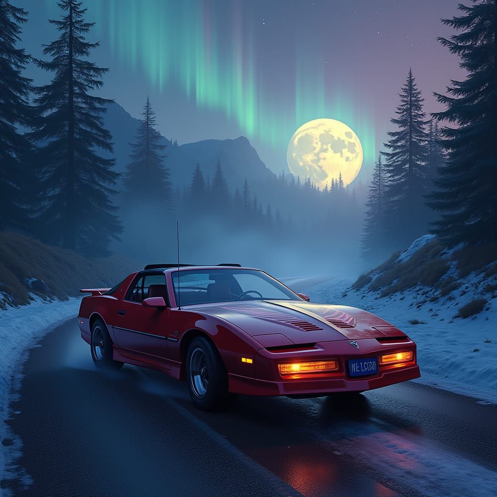 Mystical Cherry-Red Firebird Trans Am Under Starry Night Sky