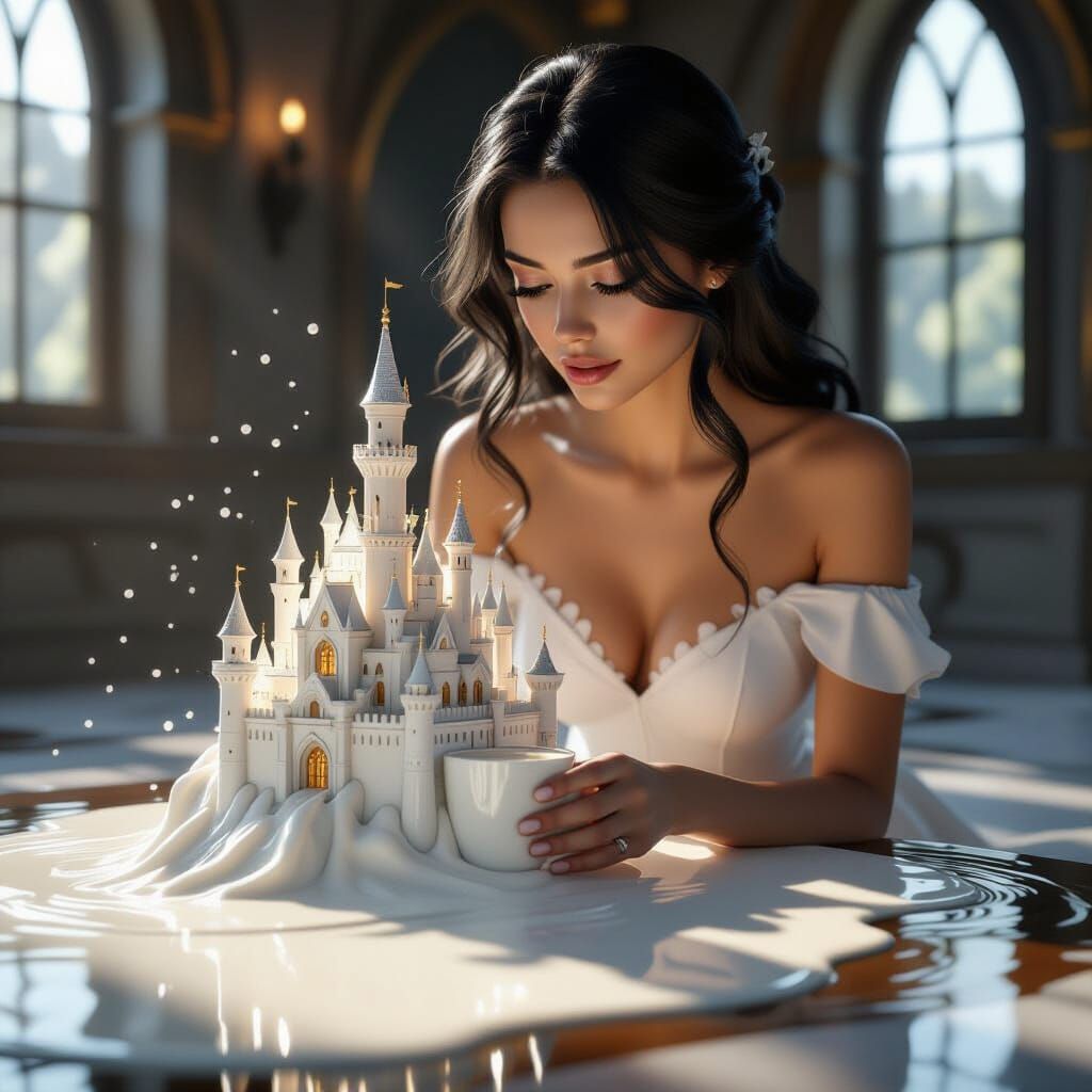 Milk Castle Forms From Spilled Milk With Coffee River