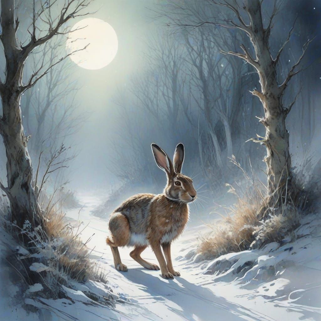 Ethereal Winter Woodland Scene with Frosty Hare in Stylised ...