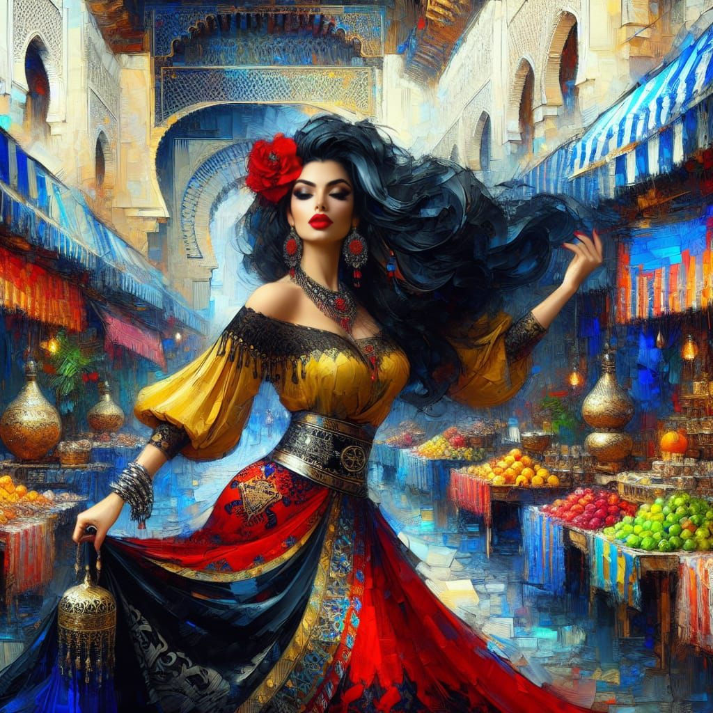 Hispanic Woman in Moroccan Bazaar: Fantasy Concept Art