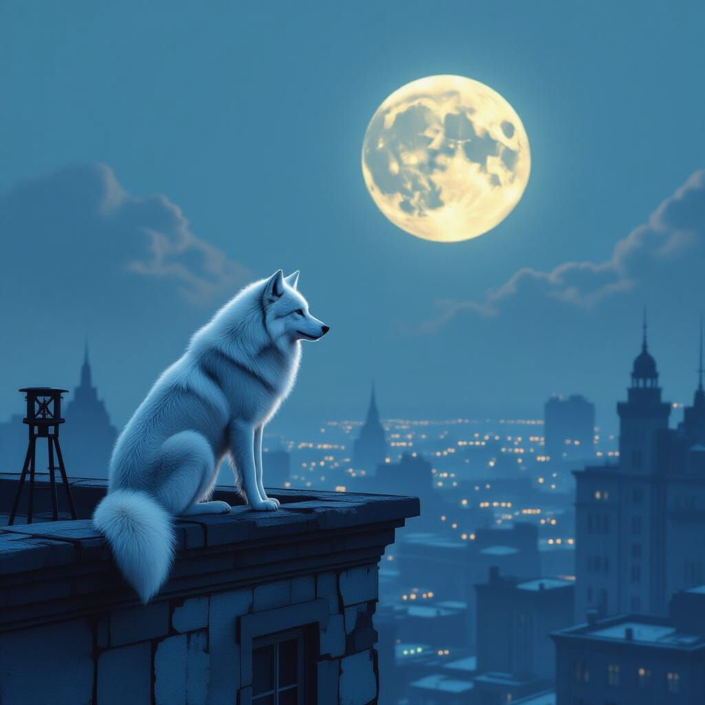 Lone Wolf Spy with Gadgets Under Opulent Moon