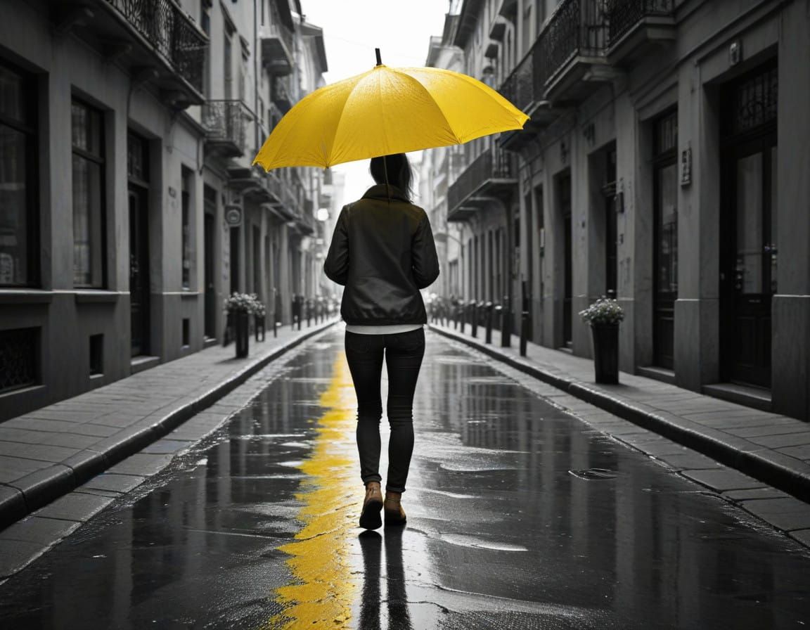 Vibrant City Street Scene with a Yellow Umbrella