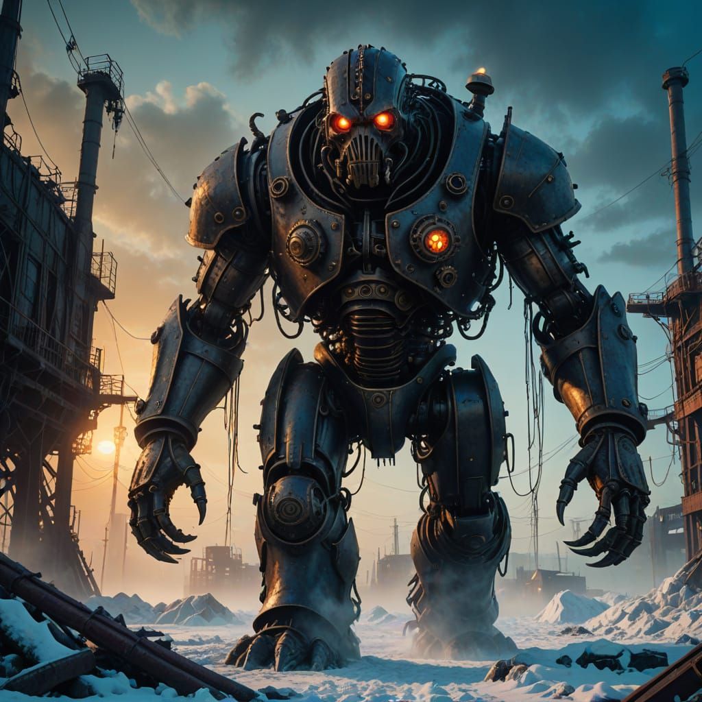Epic Victorian Steampunk Golem in Arctic Wasteland, Gothic H...