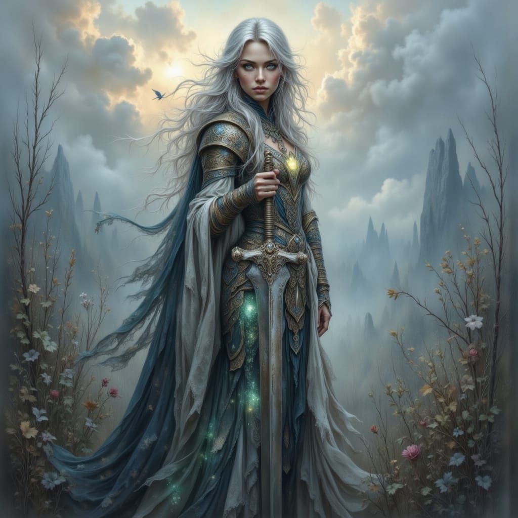 Warrior Princess on Misty Battlefield Under Twilight Sky