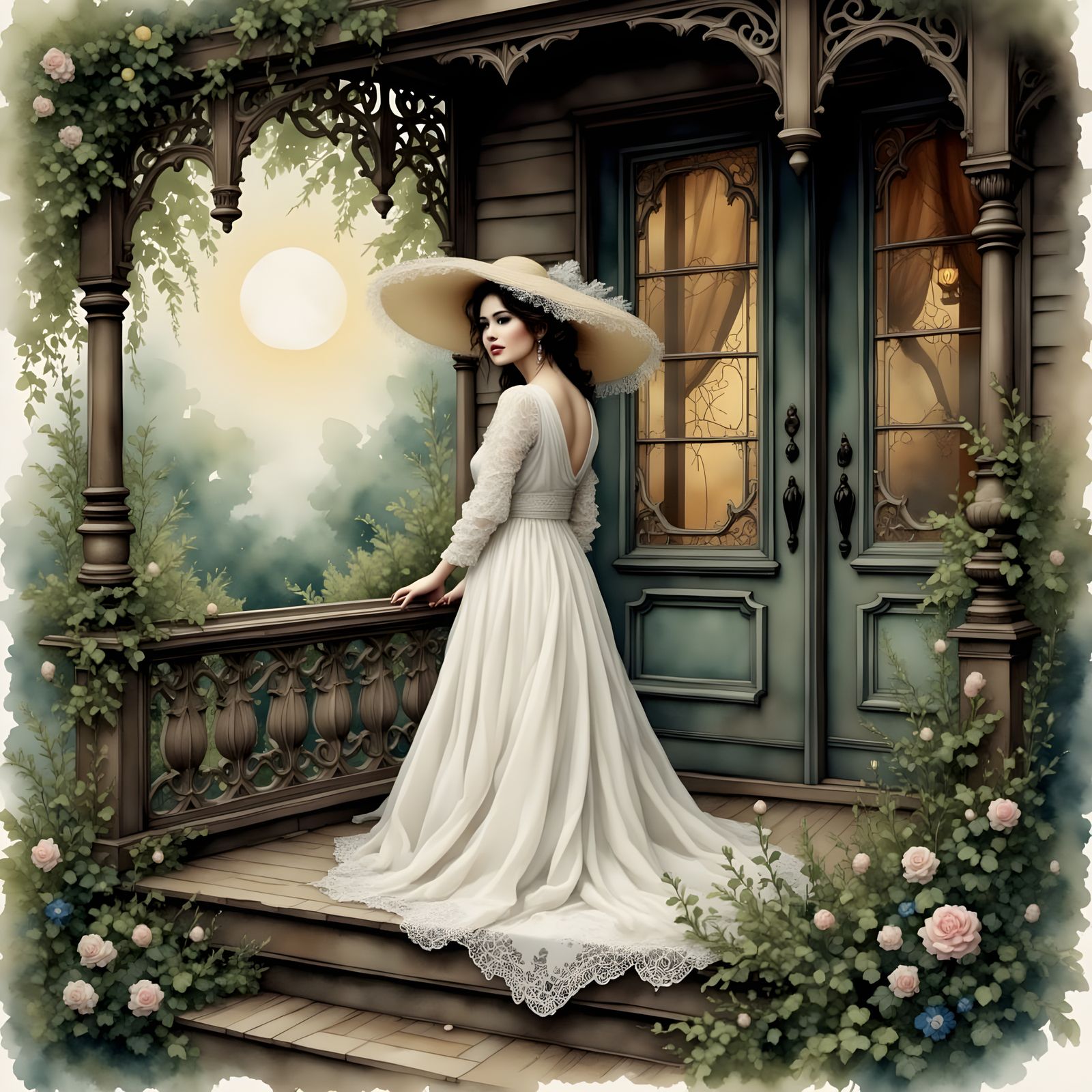 Enigmatic Lady Contemplates Garden Scene in Antique Watercol...