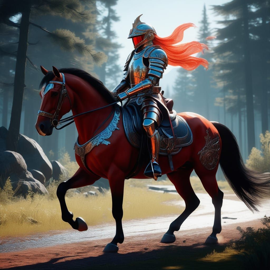Elegant Red Horse and Rider in Art Nouveau Armor