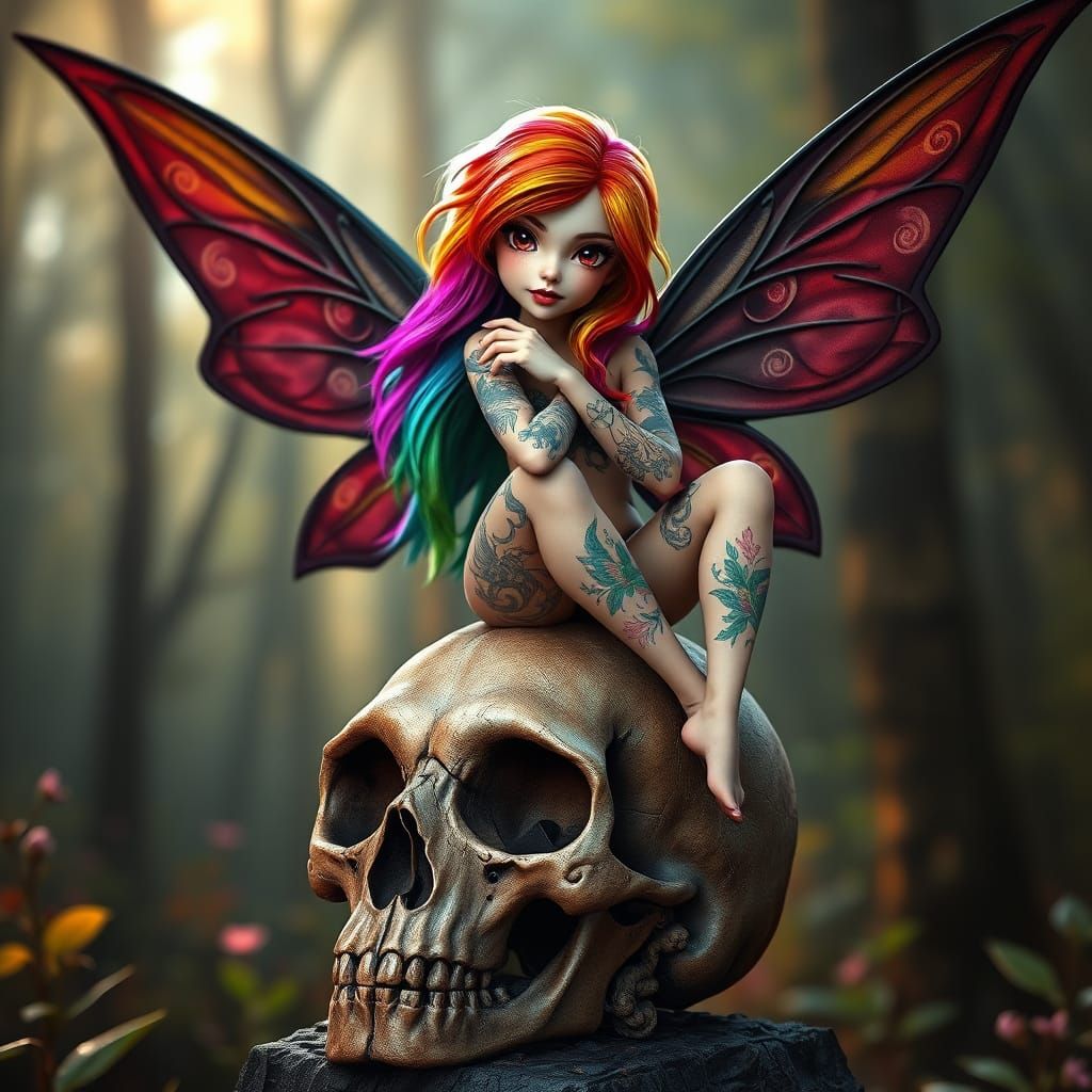 Mystical Pin-Up Fairy Sits atop Ancient Skull