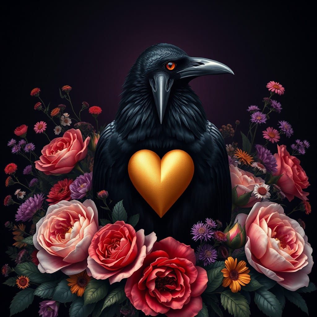 Majestic Crow Amidst Vibrant Botanicals in Dark Fantasy Styl...