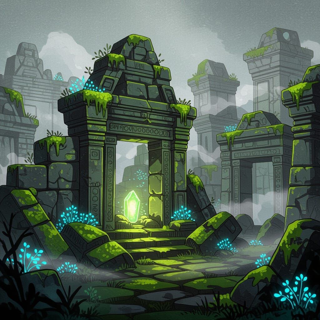 Ancient Ruin Overgrown with Bioluminescent Flora