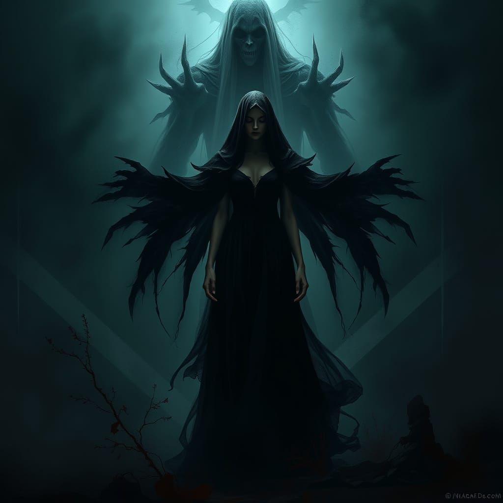 Ominous Shadow Looms Over Dark Fantasy Woman