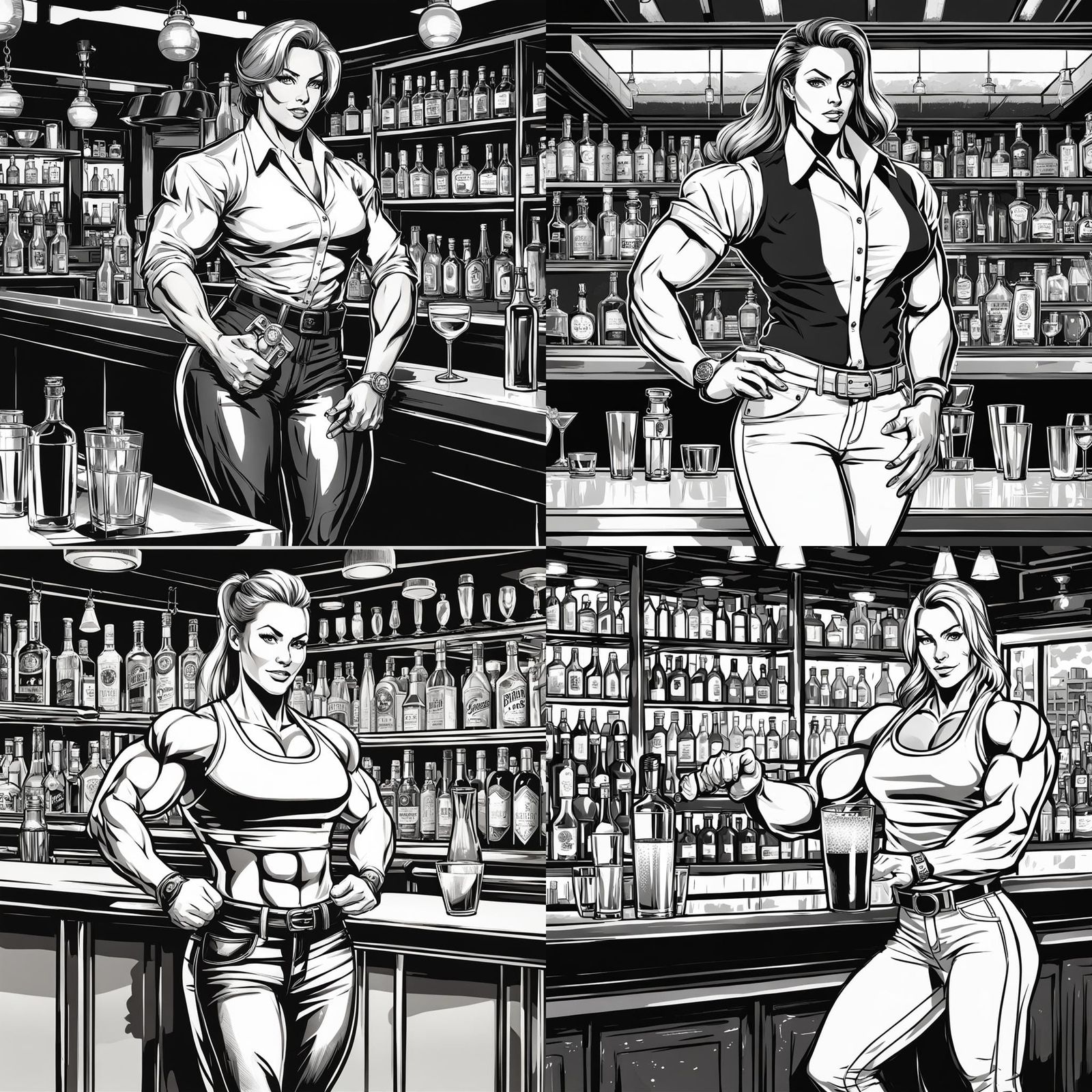Female Bodybuilder Bartender in Monochrome