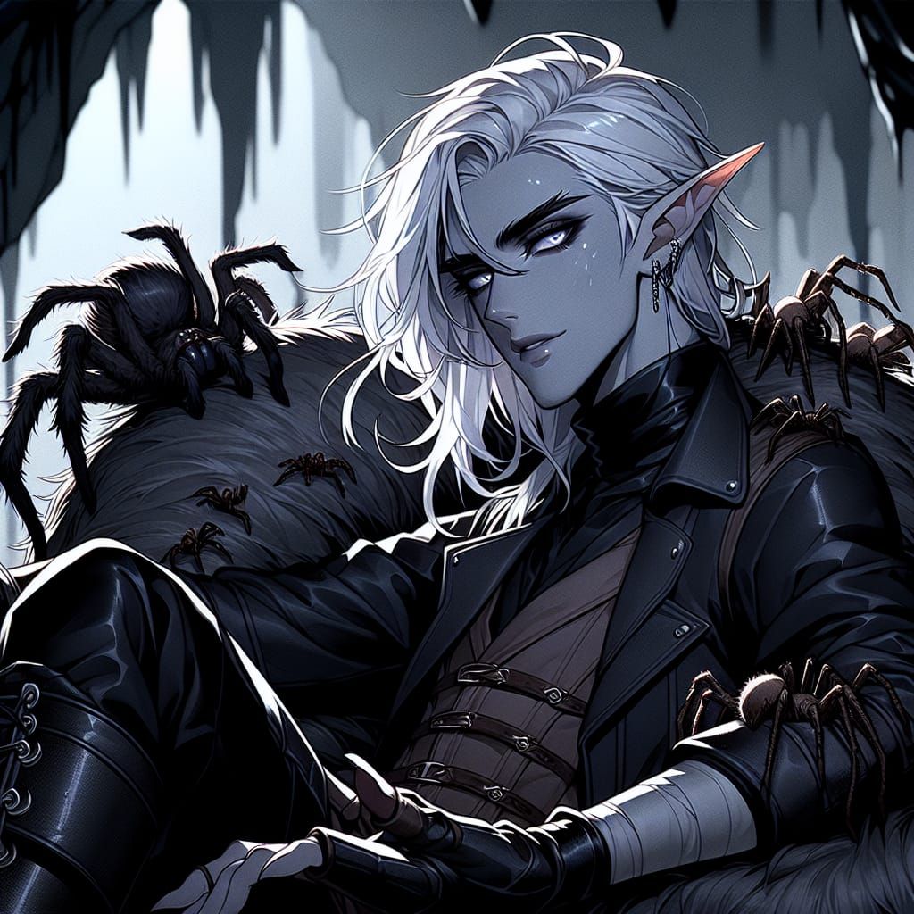 Handsome Drow Warrior in Dark Grey Skin with Pale White Hair...
