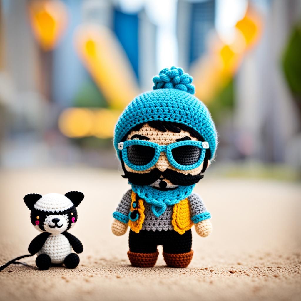 Chibi crochet hipster and furry friend in the crochet city.