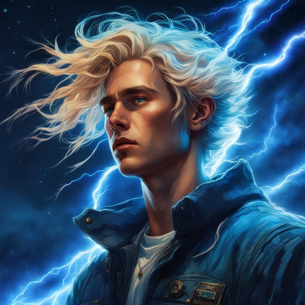 Young Man Controls Lightning in Digital Art Style