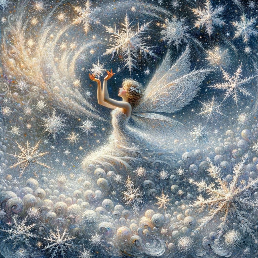 Whimsical Winter Fairy Creates Snowflakes in Impressionist S...